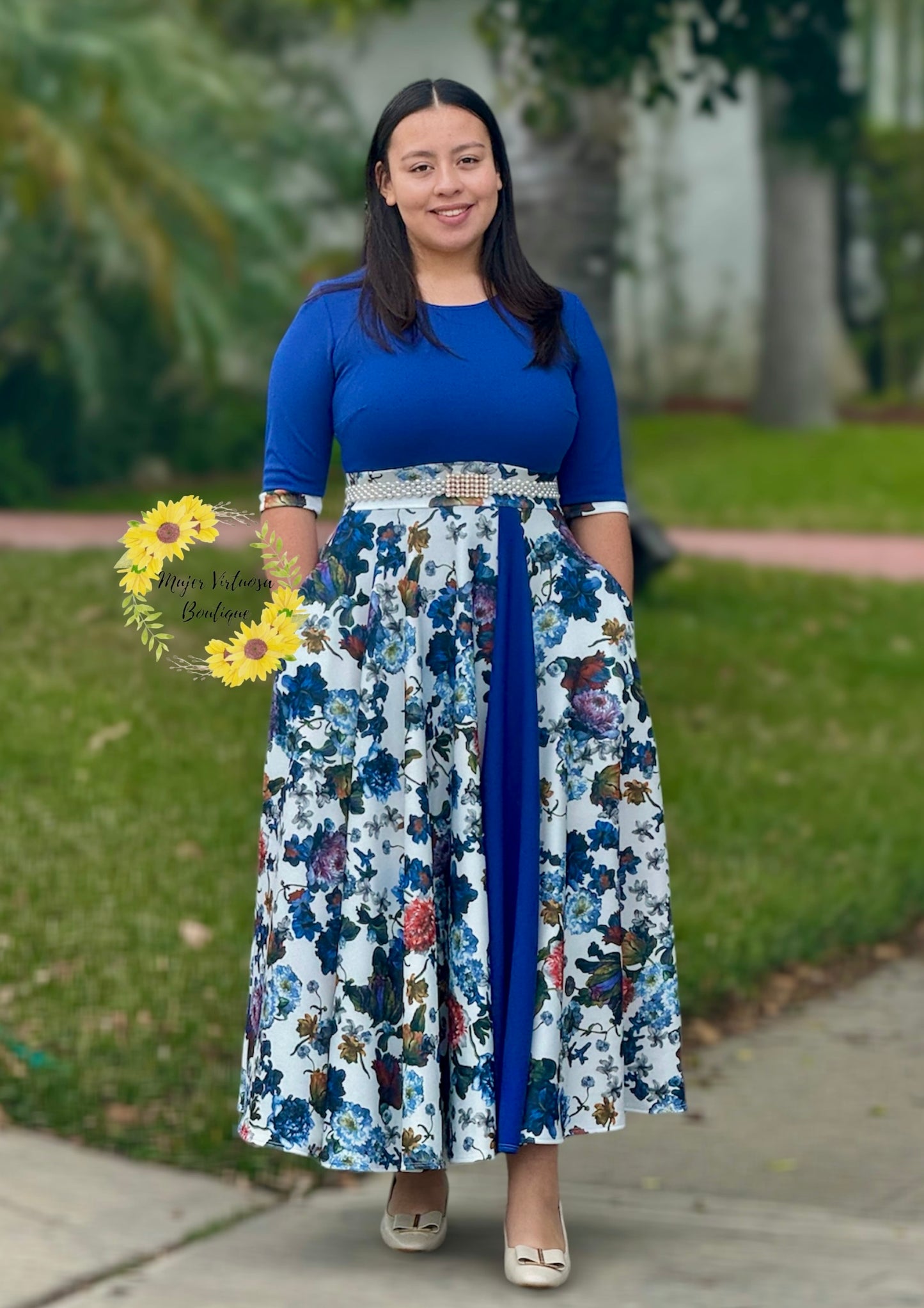 Navy Blue Floral Dress “Andrea”