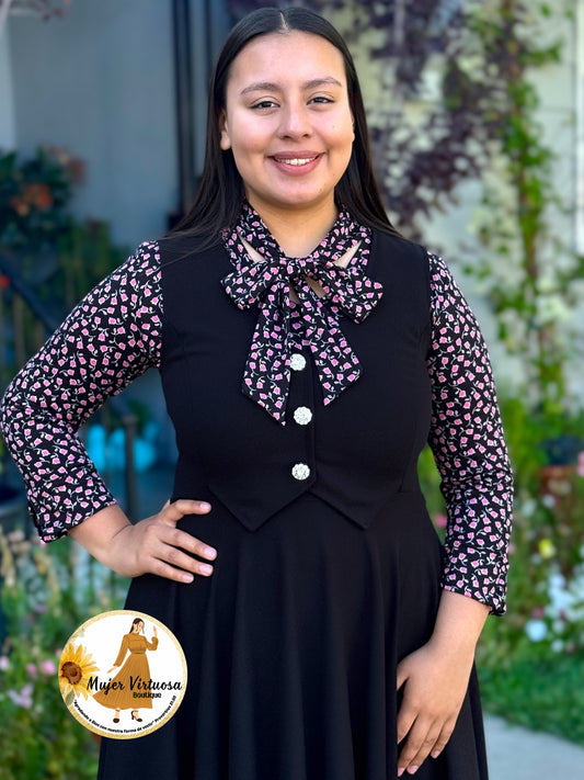 Black Floral Print Bow Tie Top