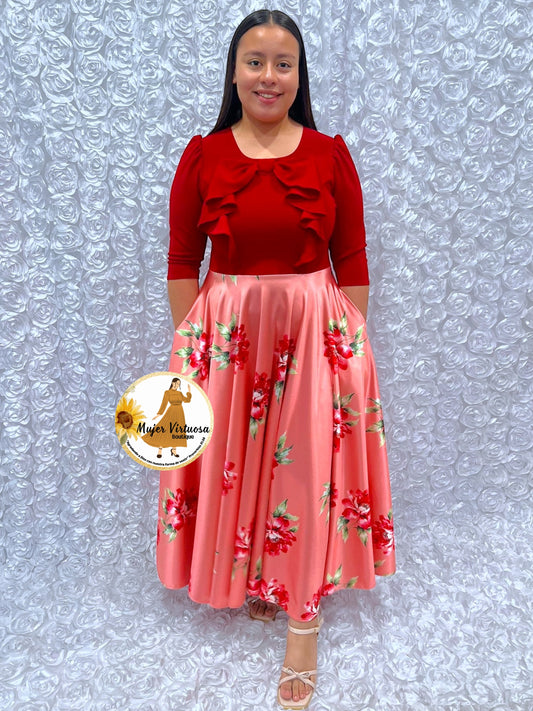 Alexa Red Floral Satin Dress