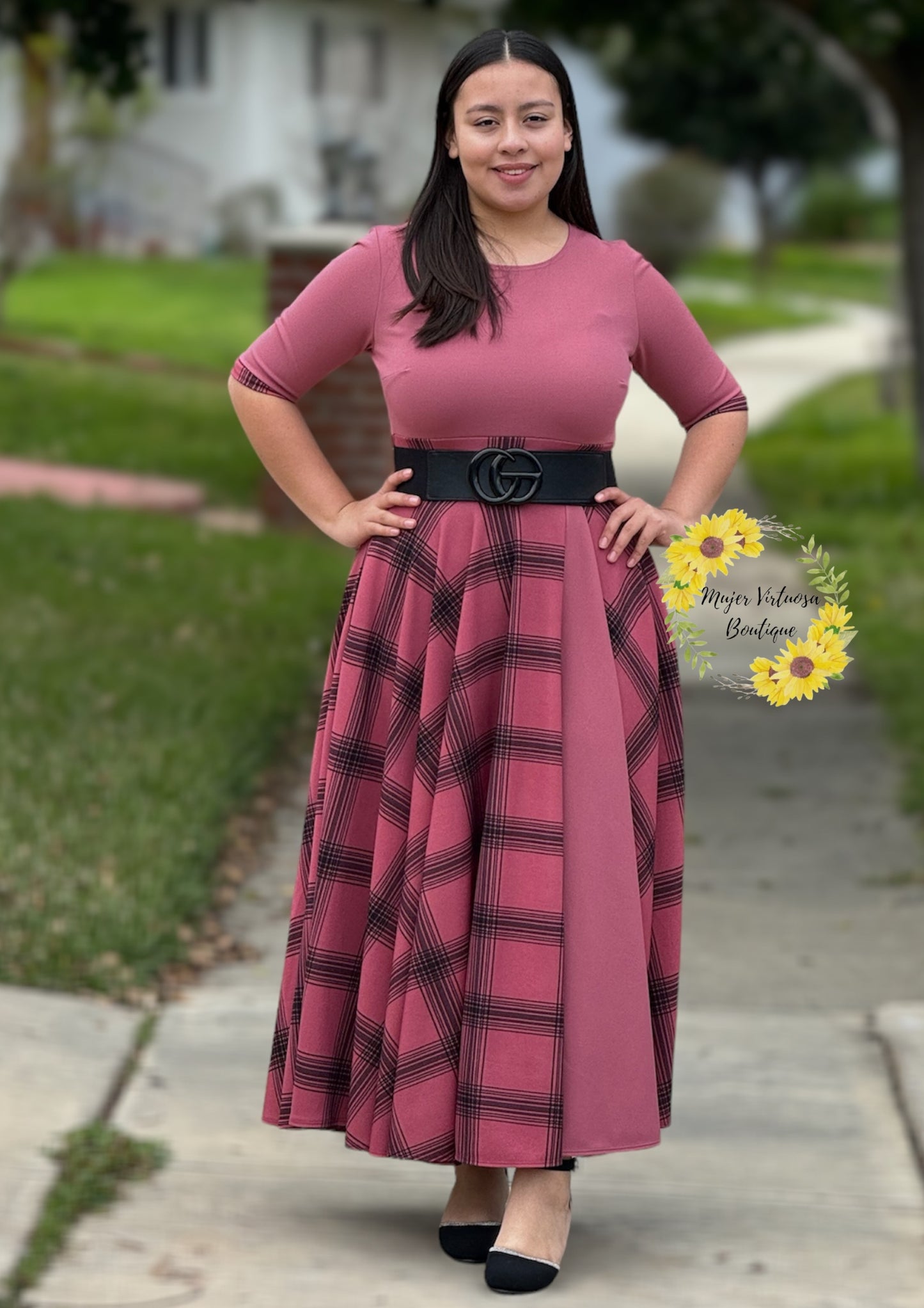 Andrea Mauve Plaid Maxi Dress