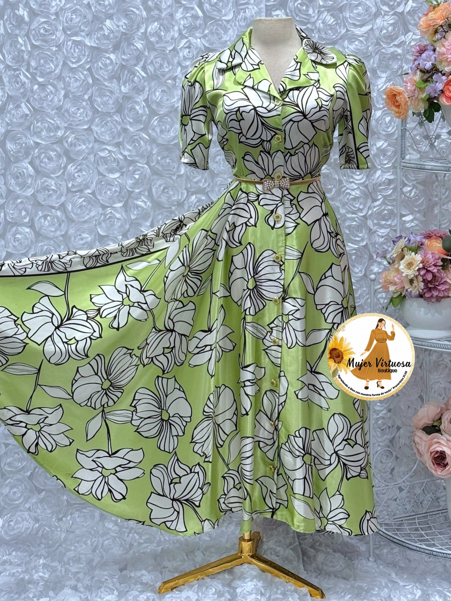 Jimena Lime Floral Satin Dress