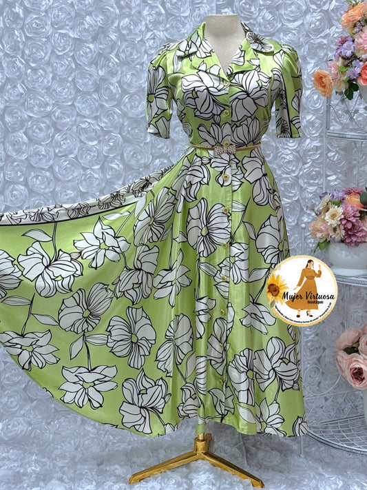 Jimena Lime Floral Satin Dress