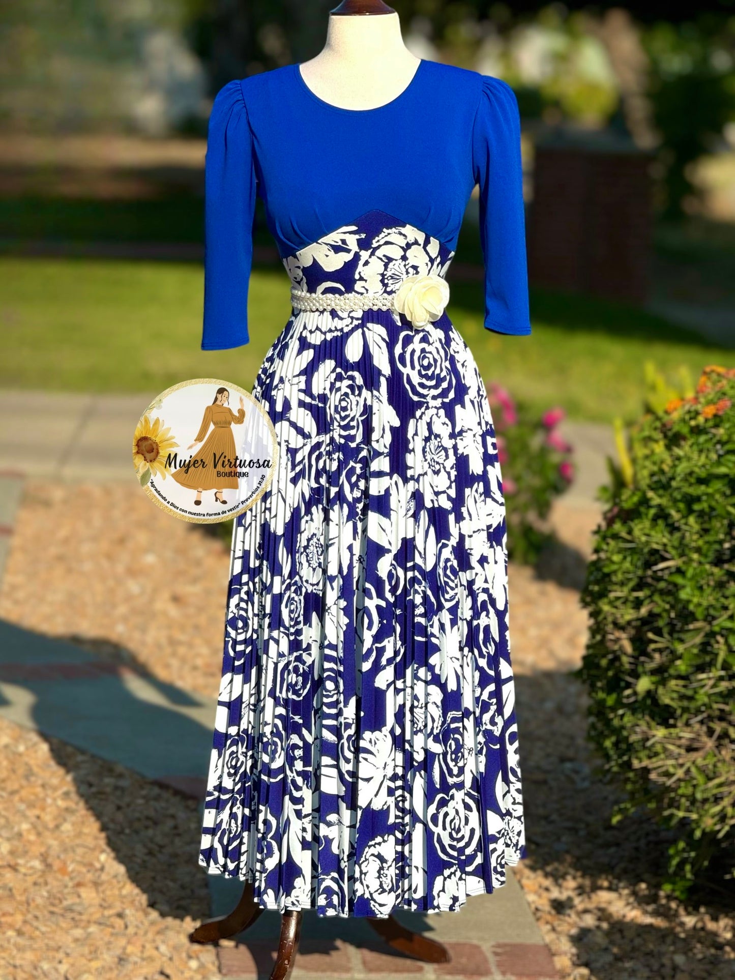 Cristel Royal Blue Floral Pleated Dress