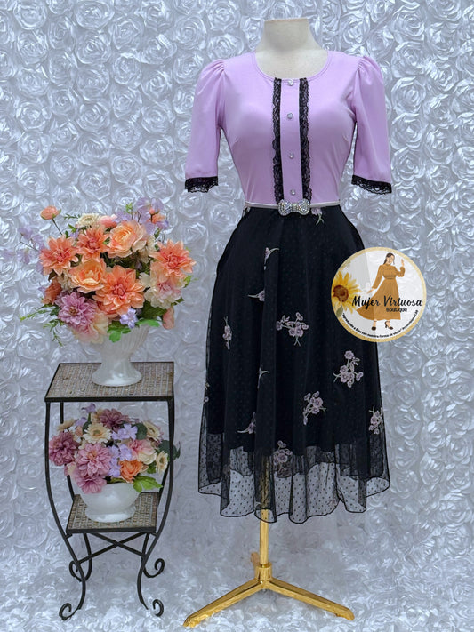 Eleanore Lilac/Black Midi Dress