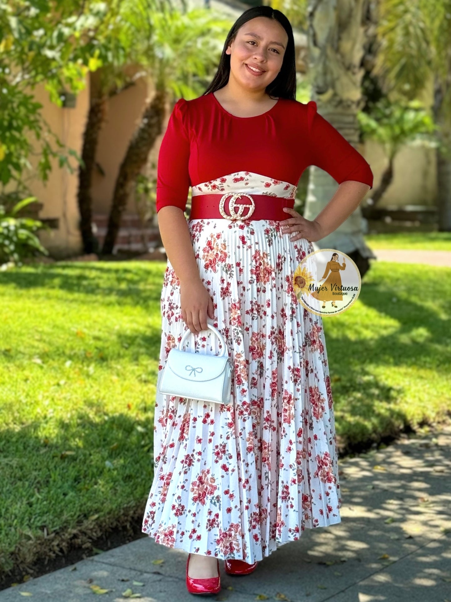 Red & White Floral Pleated Dress