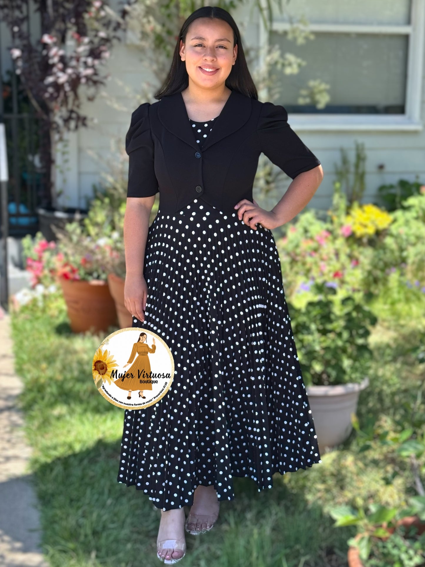 Esther Black Polka Dot Pleated Dress