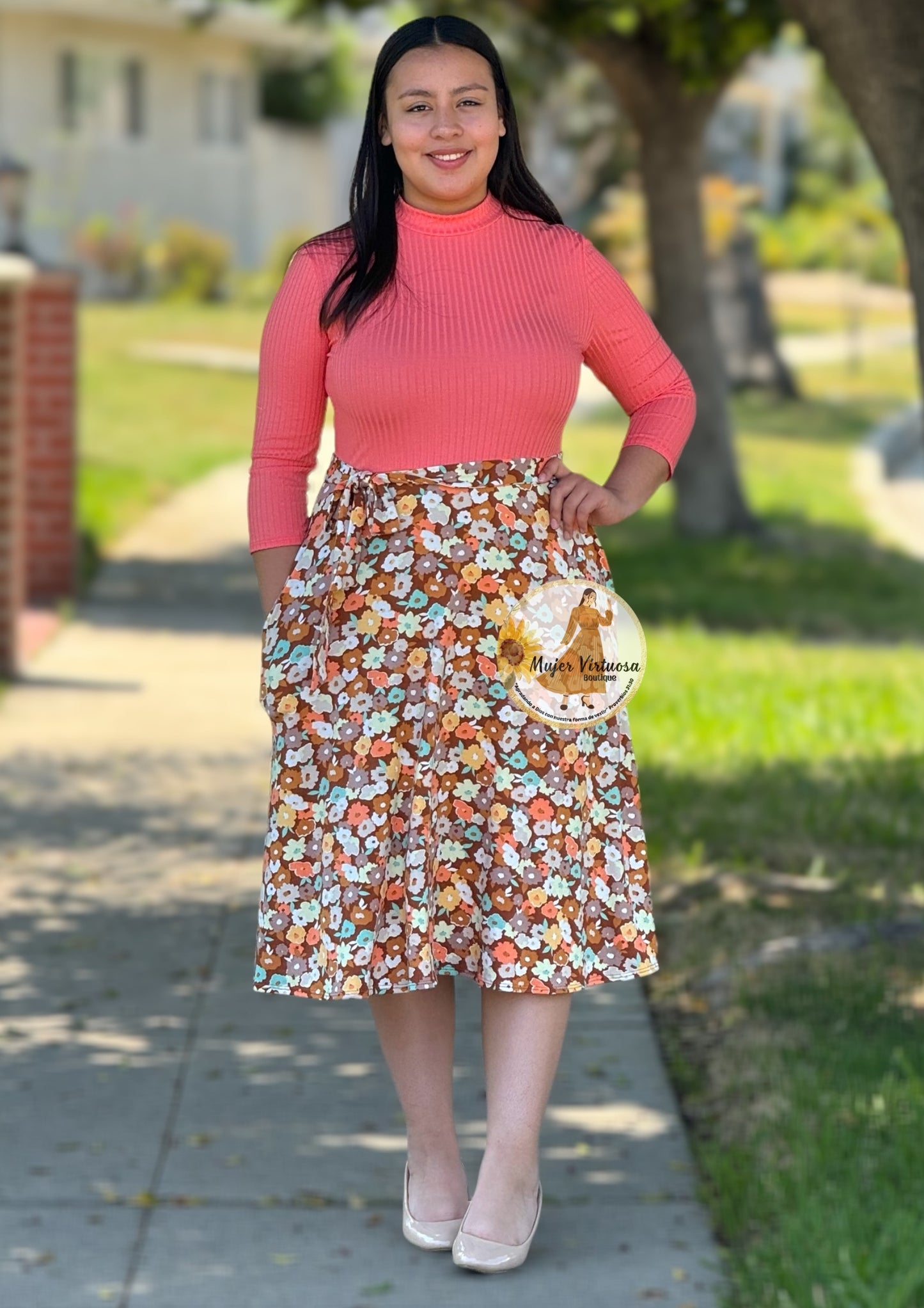 Coral Midi Floral Dress