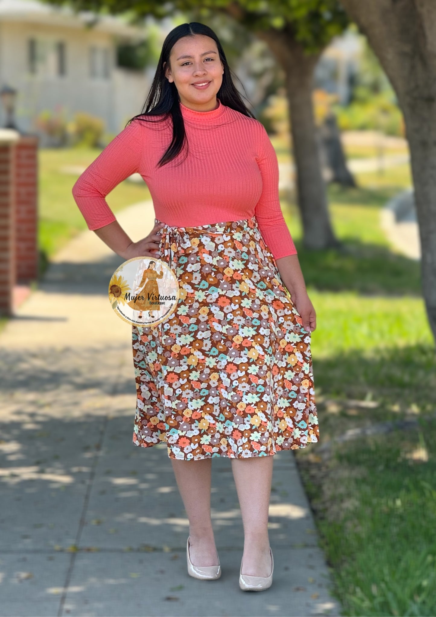 Coral Midi Floral Dress