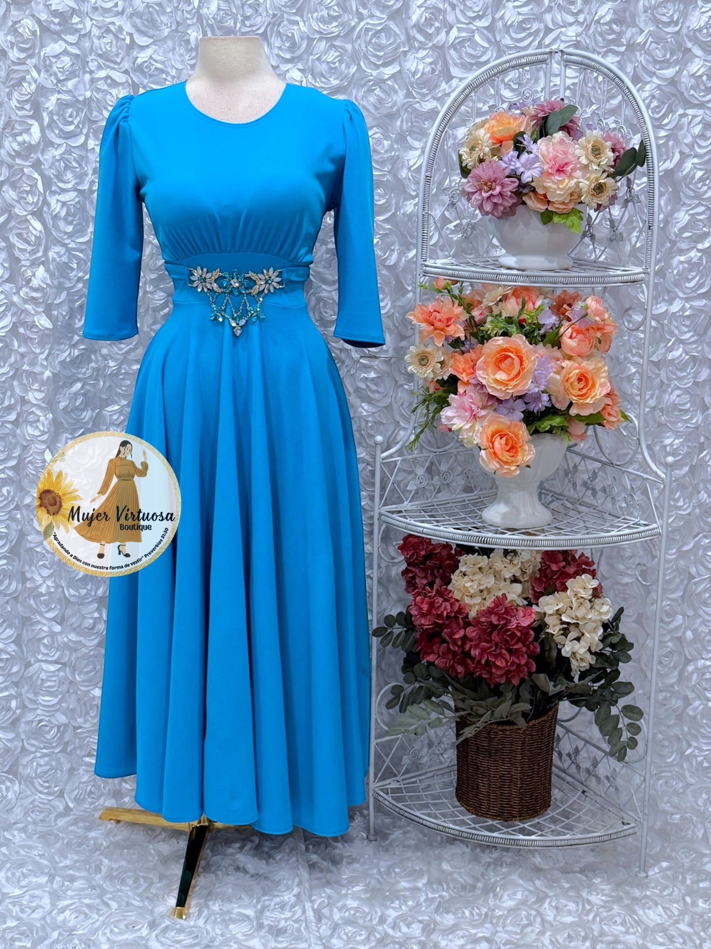 Amira Aqua Elegant Belted Dress
