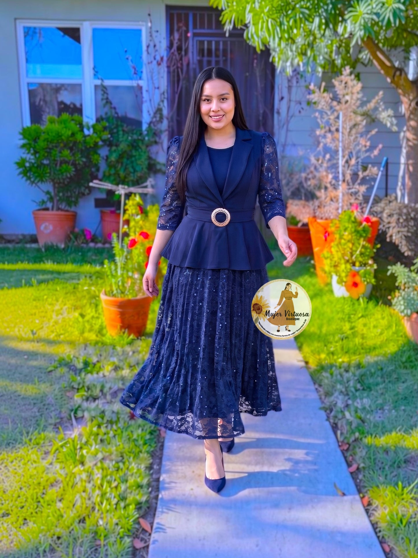 Mayra Navy Crepe & Lace Dress