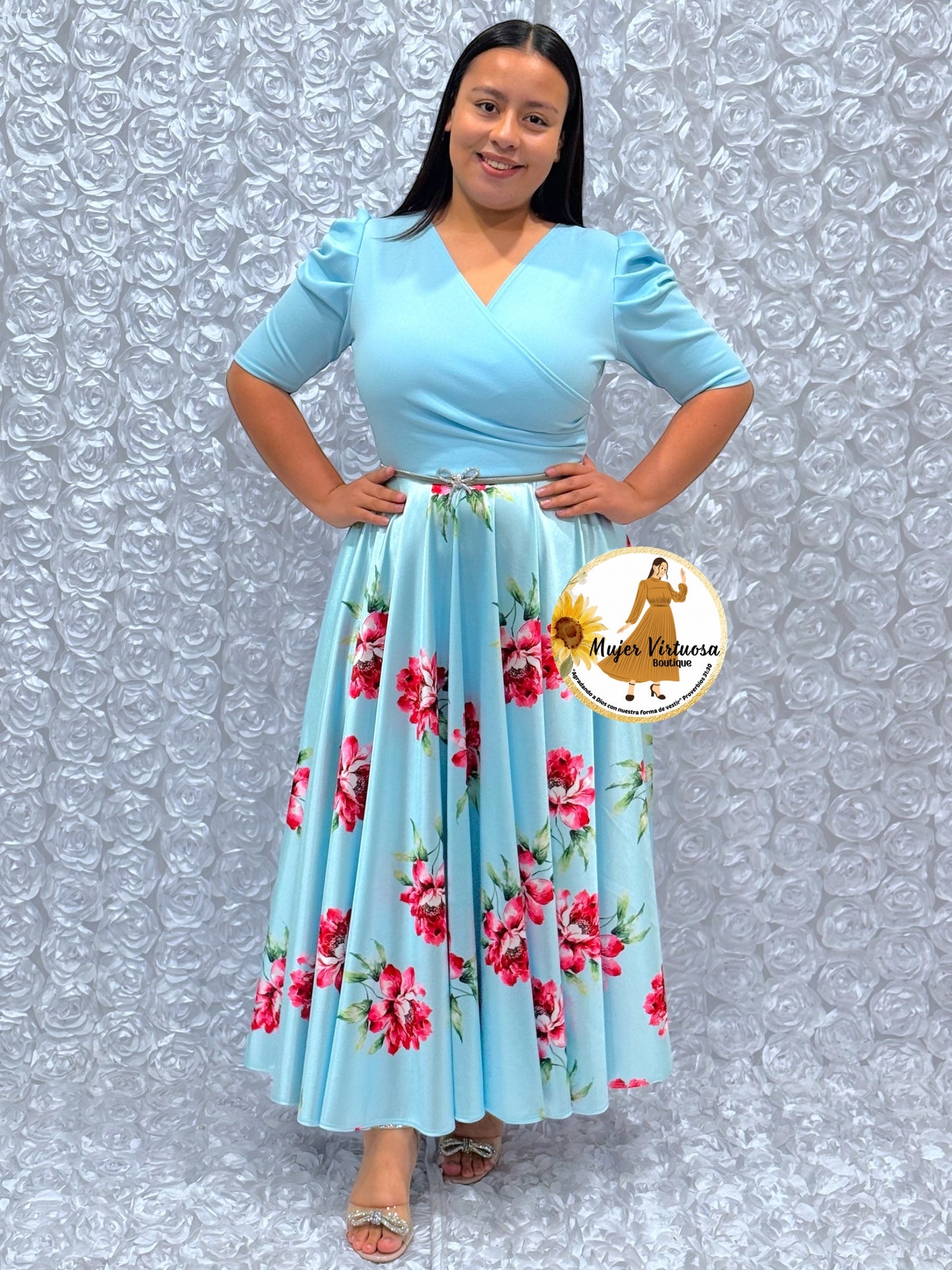 Susan Sky Blue Floral Satin Dress