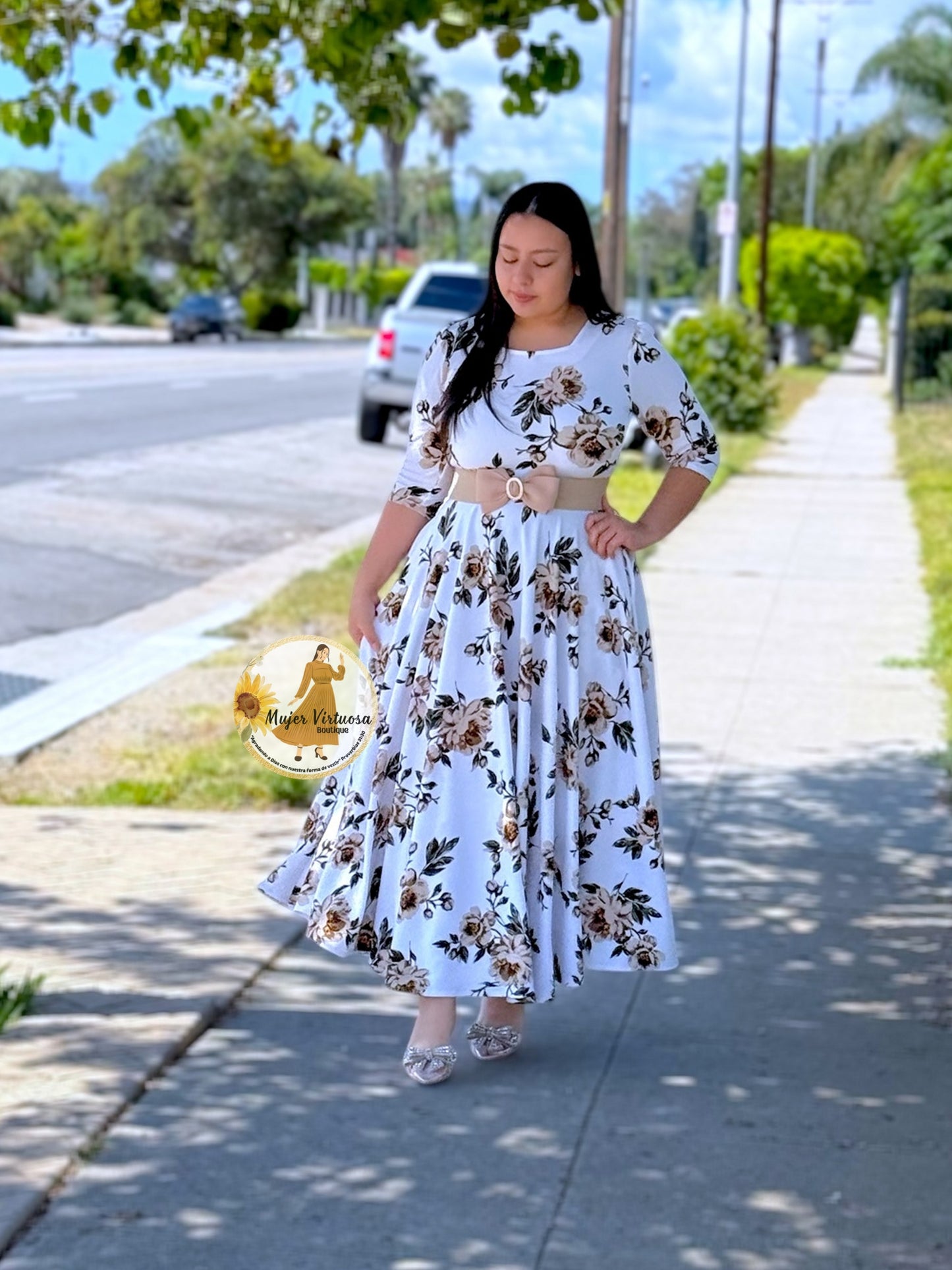 Eunice White & Mocha Flowers Dress