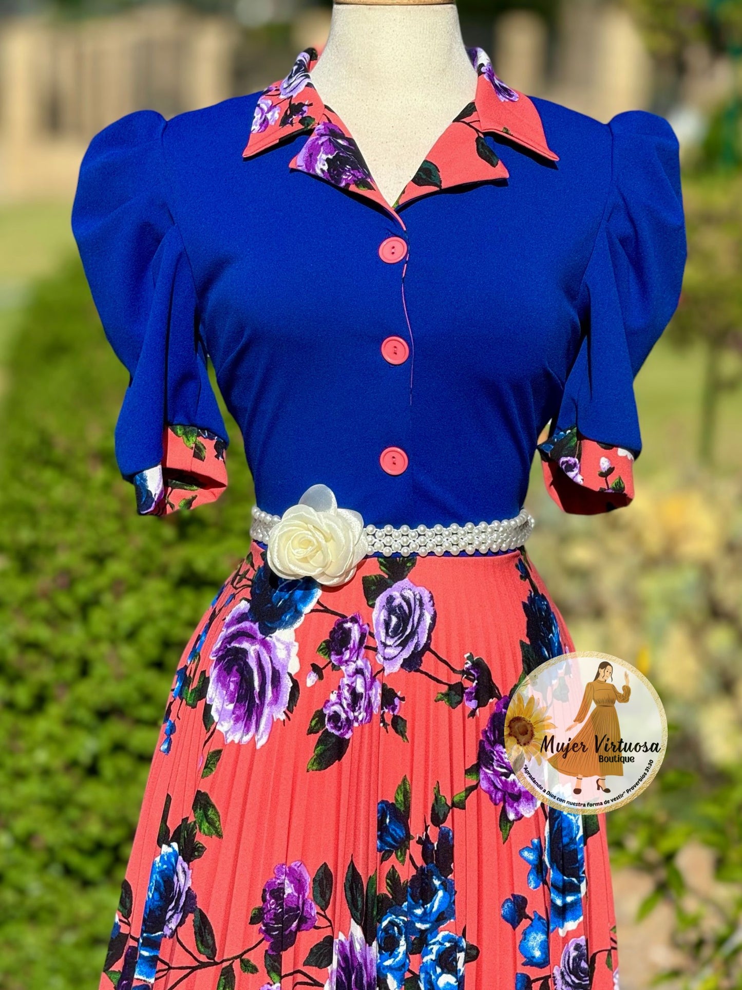 Samara Royal Blue Pleated Floral Dress