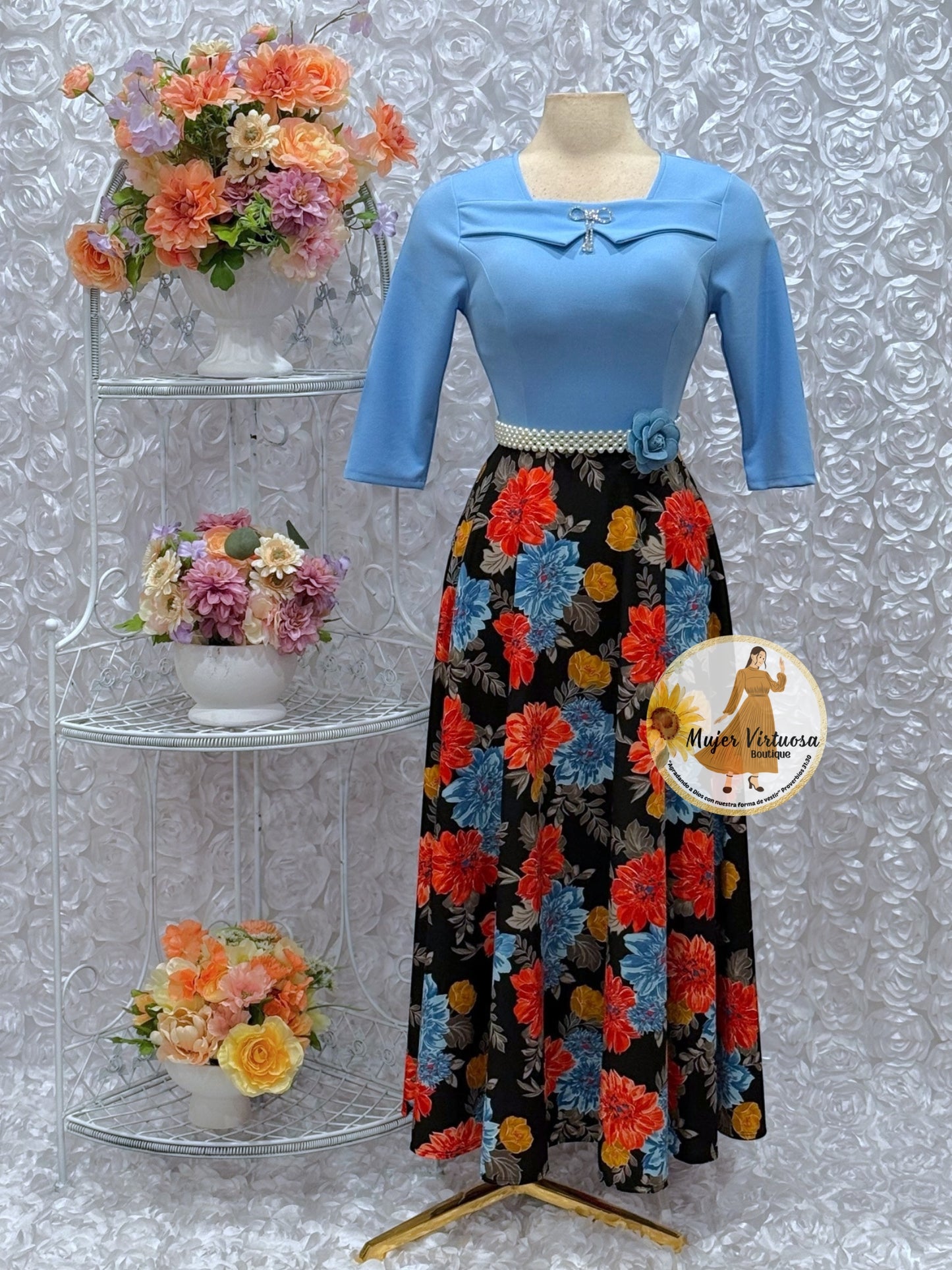 Alma Sky Blue/Black Floral Dress
