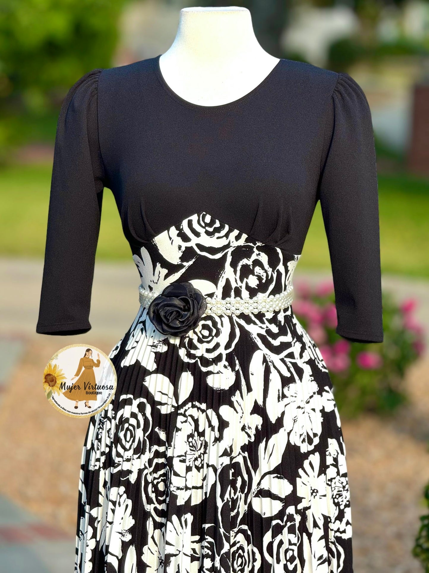 Cristel Black Floral Pleated Dress