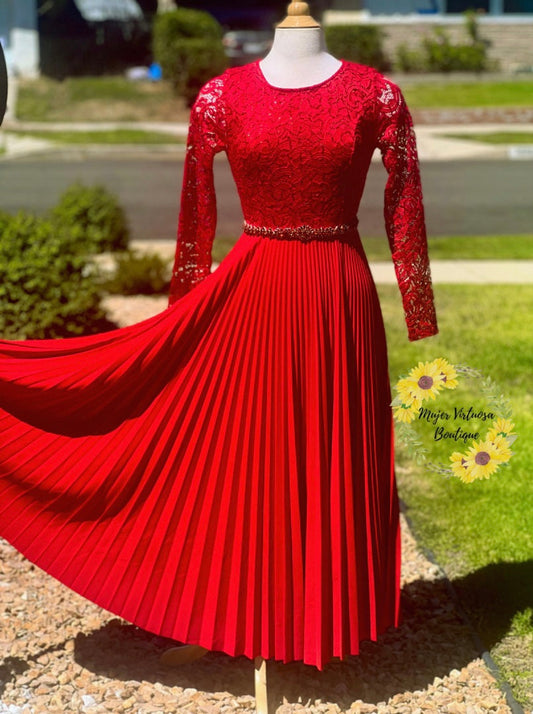 Alida Elegant Red Pleated Dress