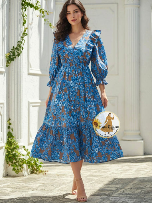 Mocha/Blue Floral Midi Dress