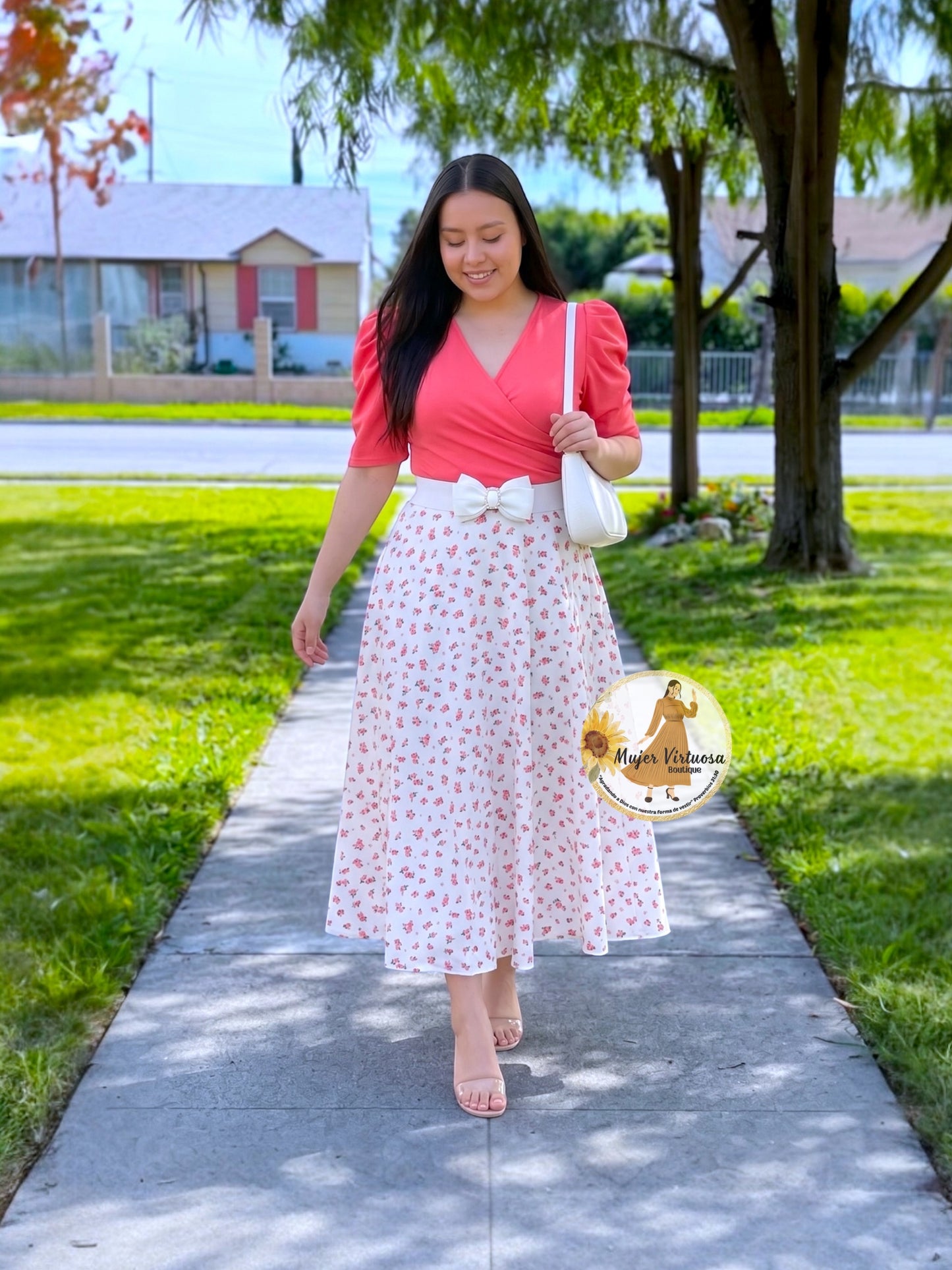 Susan Coral & White Ditsy Dress