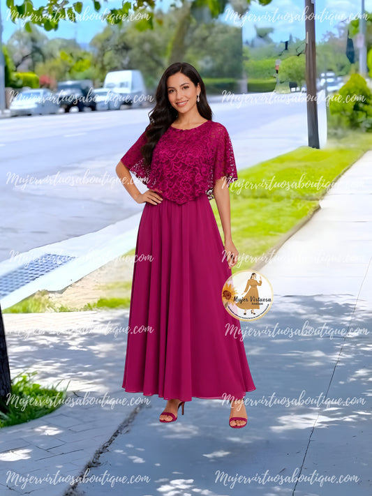 Maribel Magenta Lace Cape Dress
