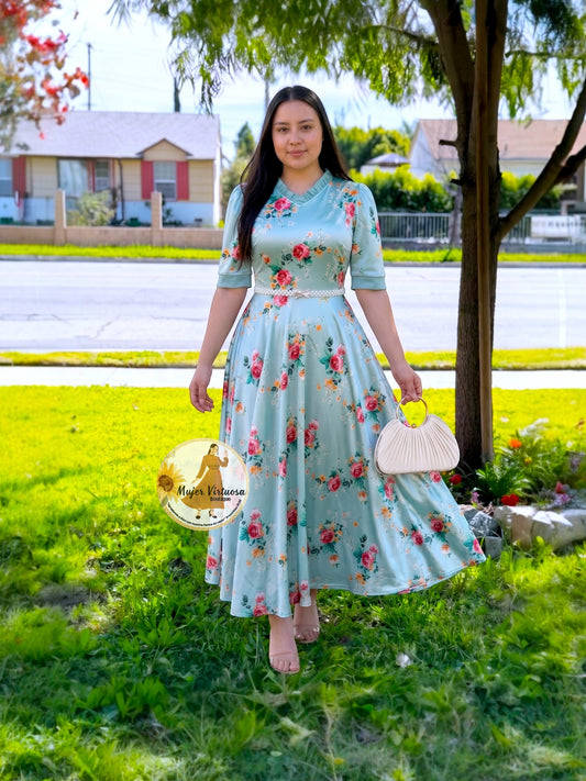 Vivian Sage Satin Floral Dress