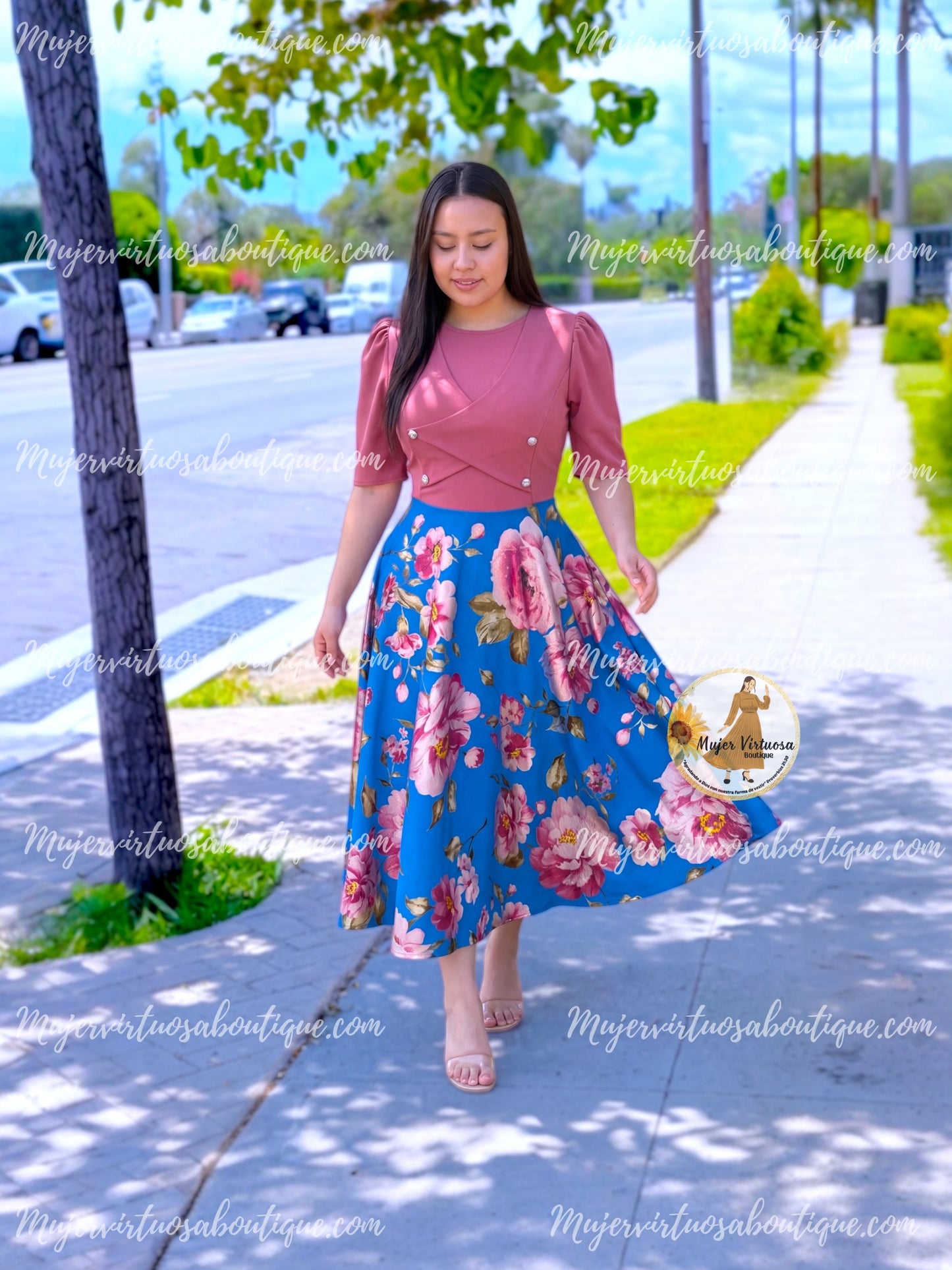 Mauve & Blue Foil Midi Dress
