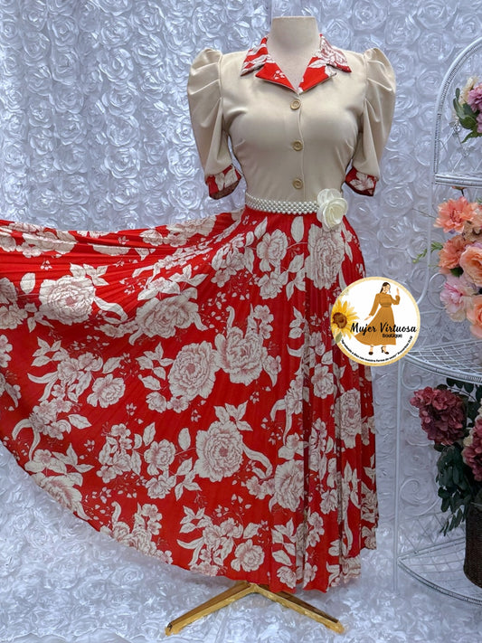 Samara Beige Pleated Floral Dress