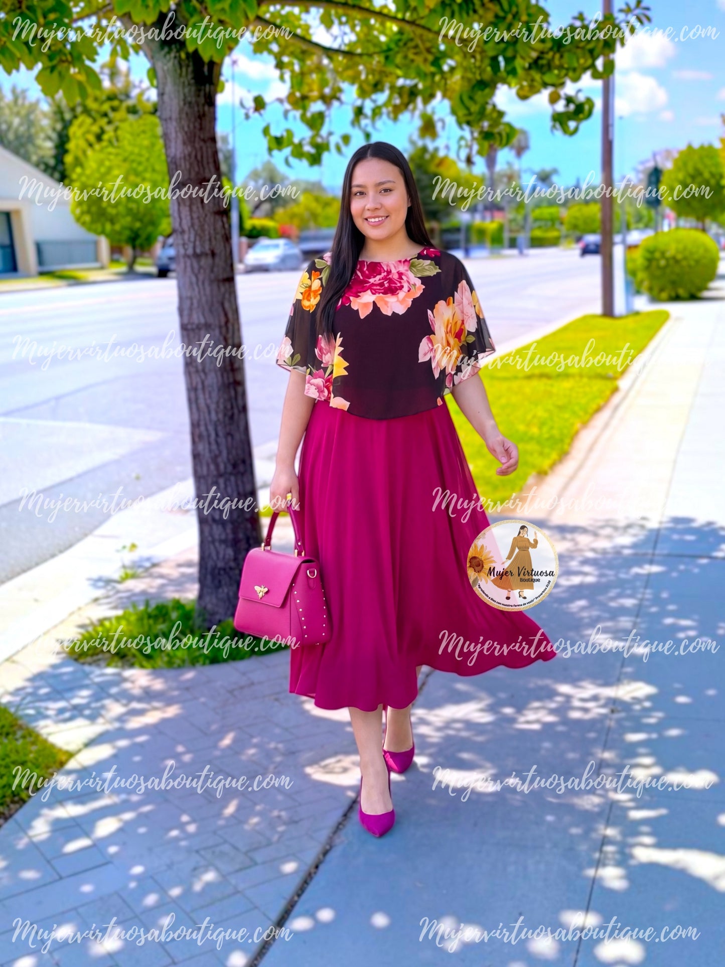 Maribel Magenta Cape Midi Dress
