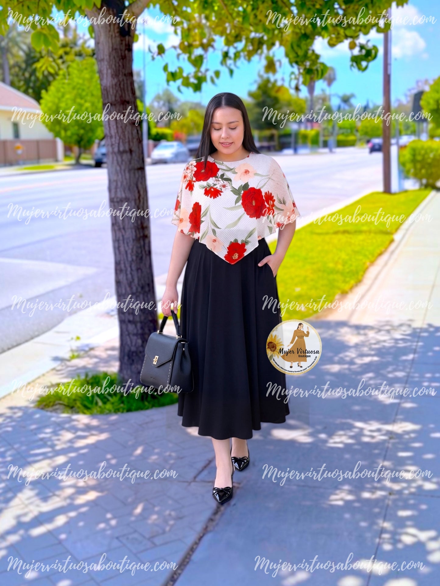Maribel Black & White Cape Midi Dress