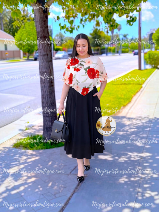Maribel Black & White Cape Midi Dress