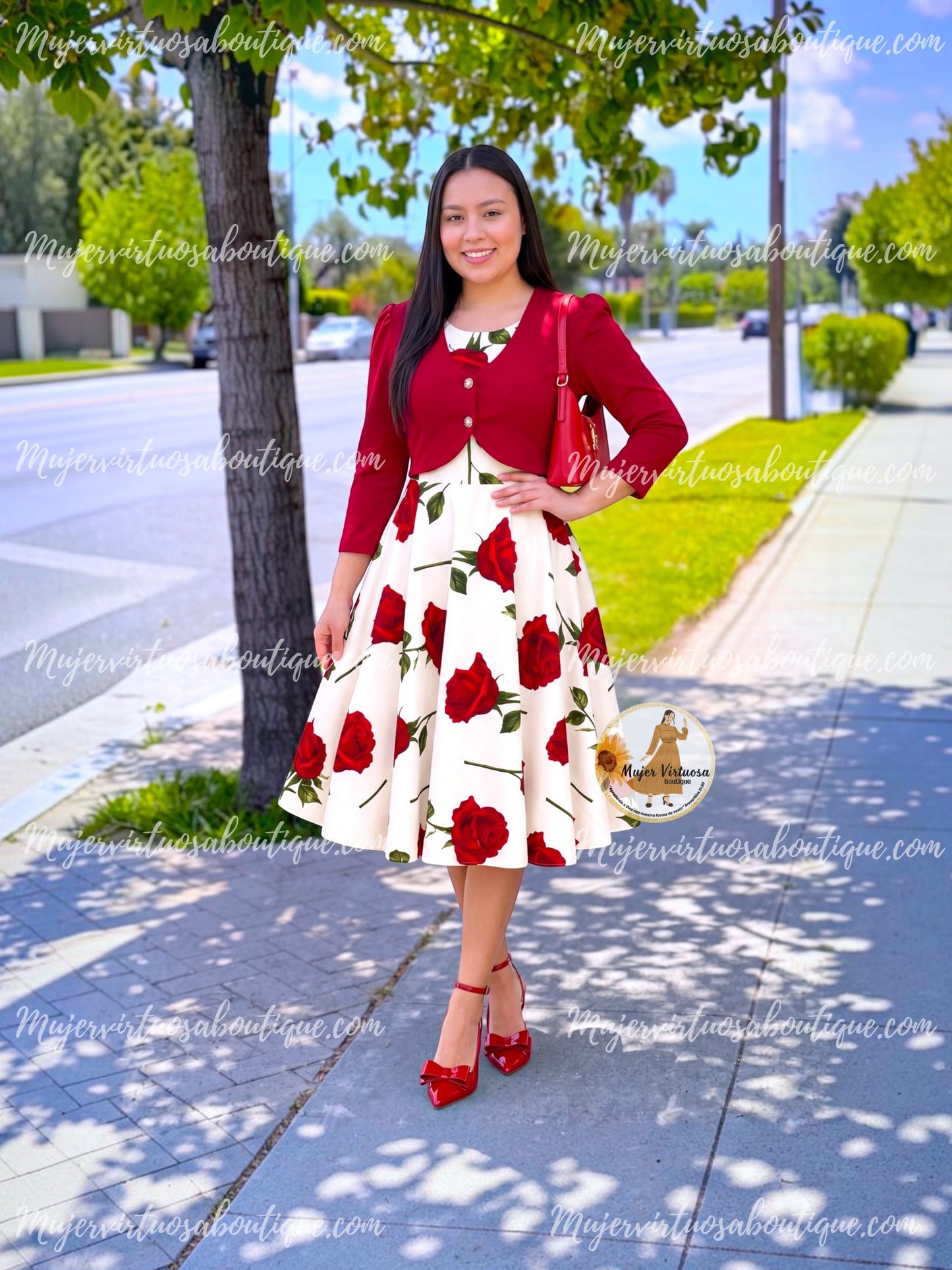 Ines Red & White Midi Dress