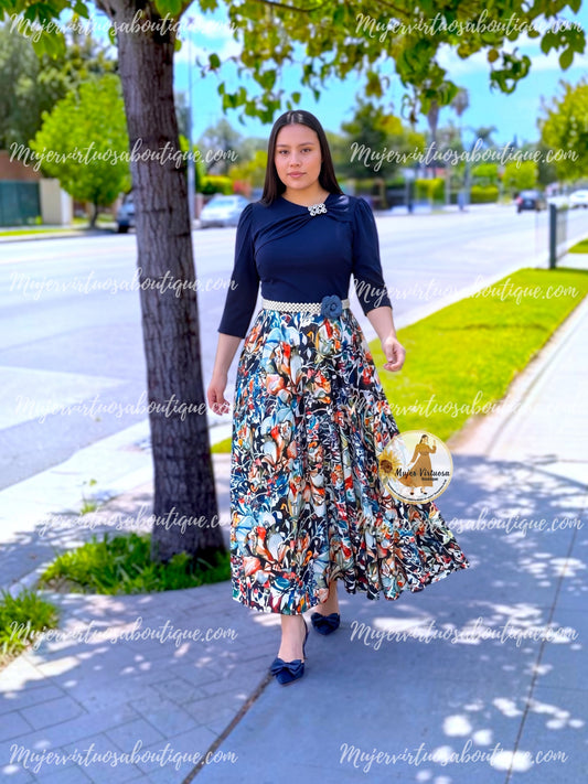 Rosalie Navy Abstract Print Dress