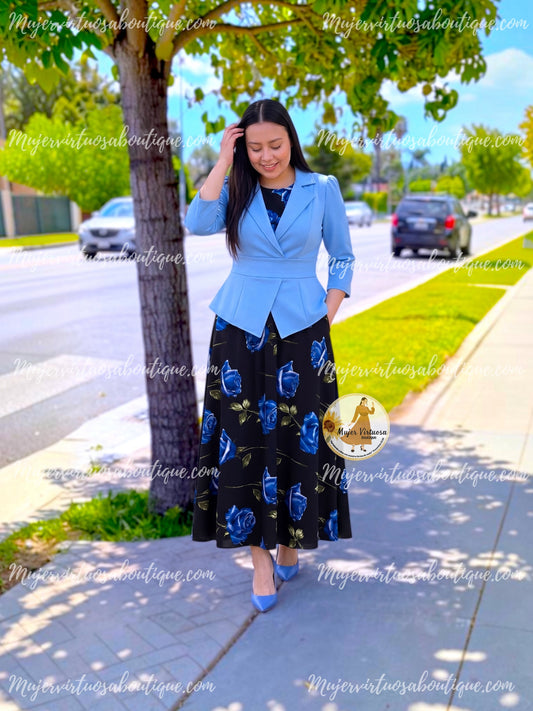 Iris Sky Blue & Black Floral Dress