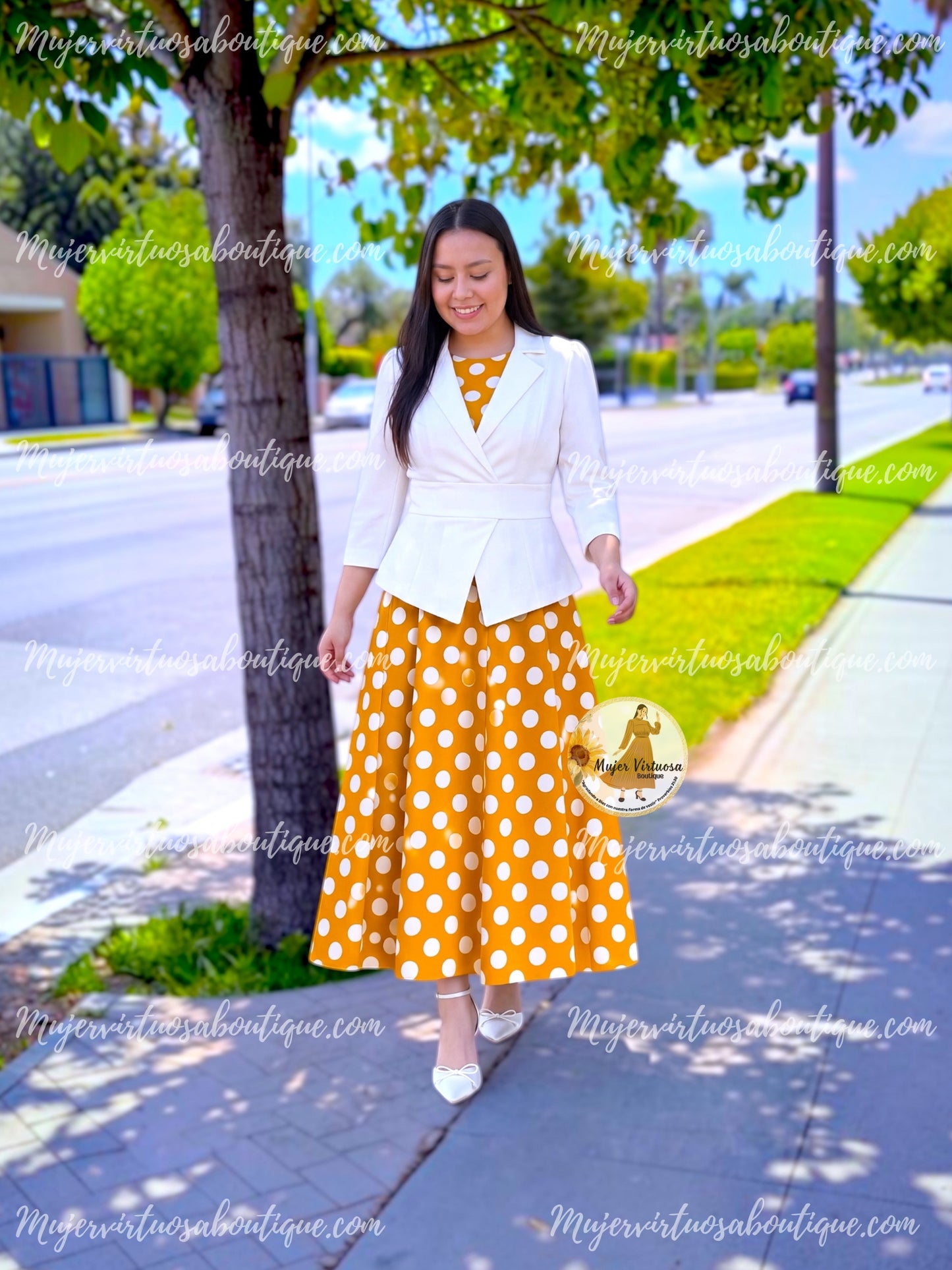 Iris White & Mustard Polka Dot Dress