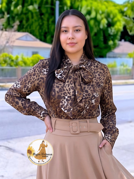 Brown Animal Print Bow Top