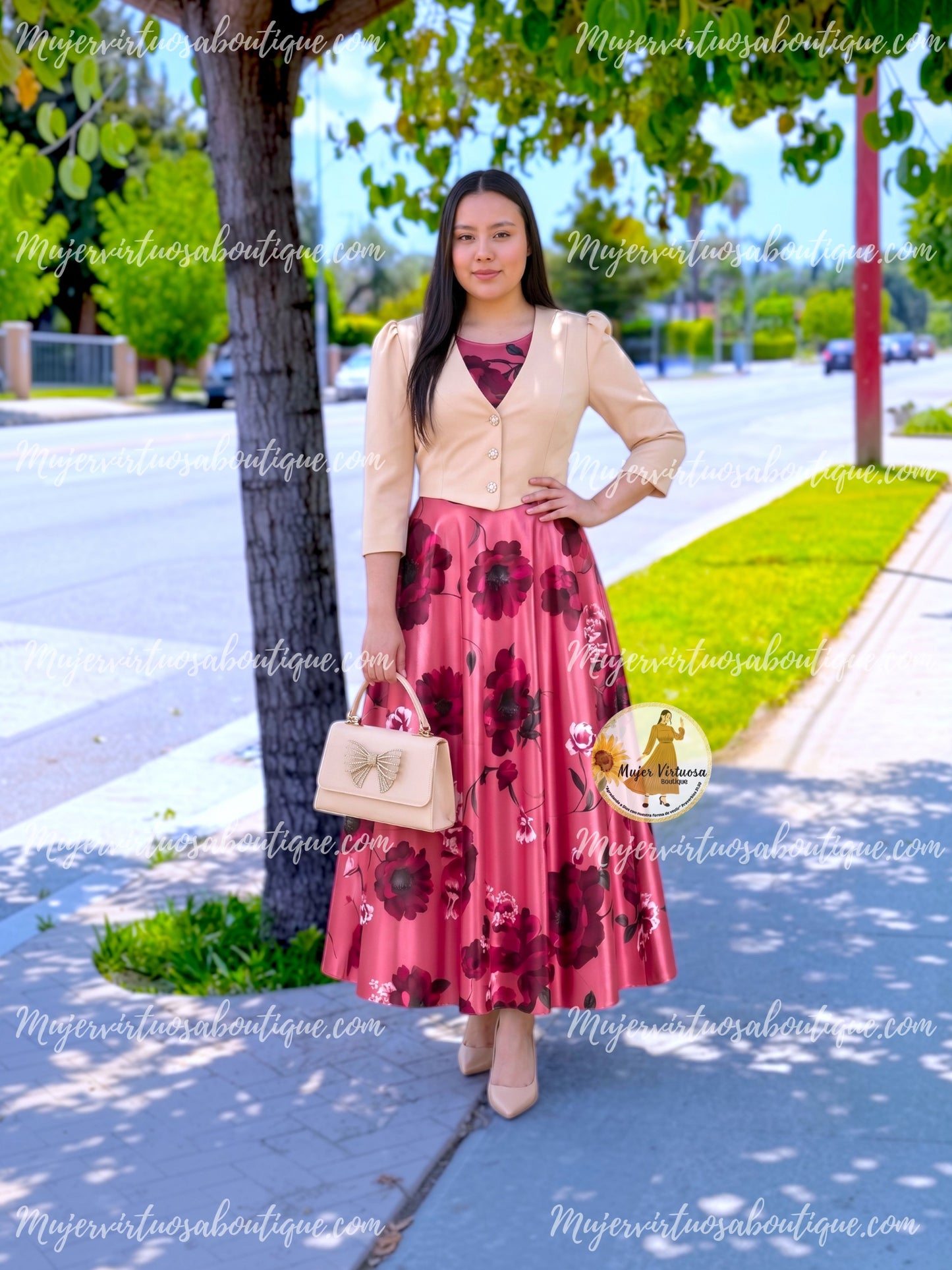 Irene Beige & Pink Satin Dress
