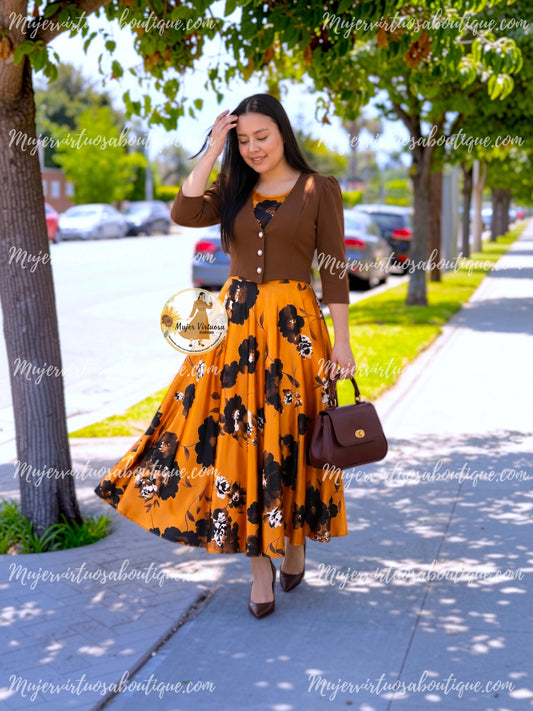 Irene Brown & Mustard Satin Dress