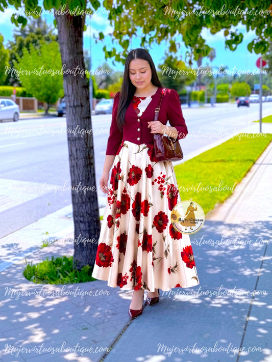 Irene Burgundy & White Satin Dress