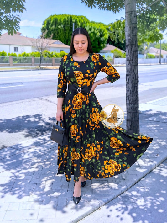 Black & Mustard Roses Dress