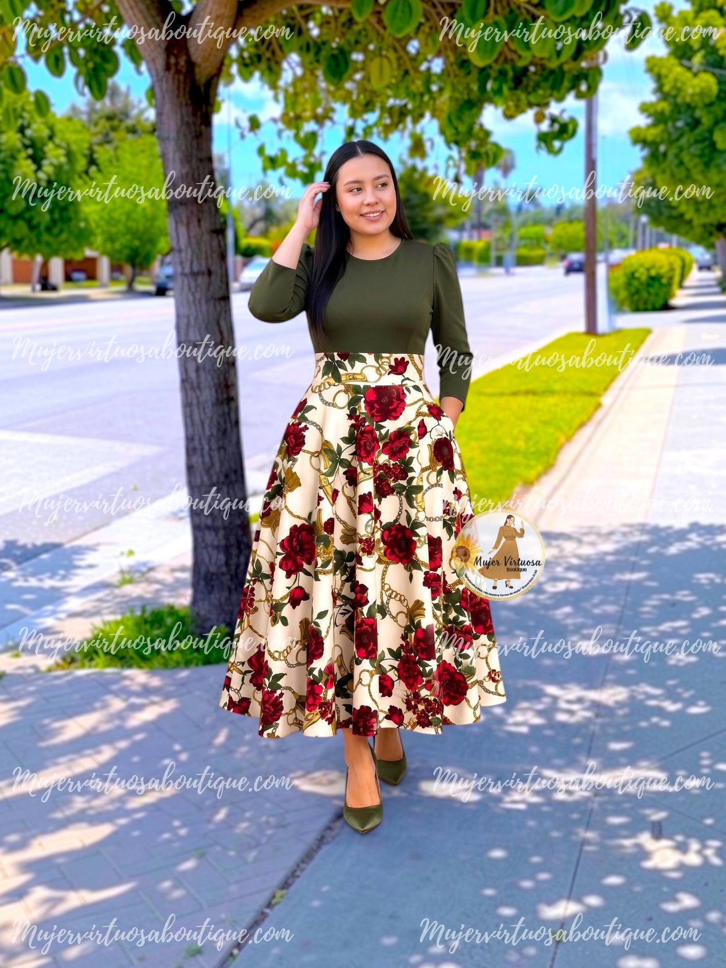 Keyla Olive & White Dress