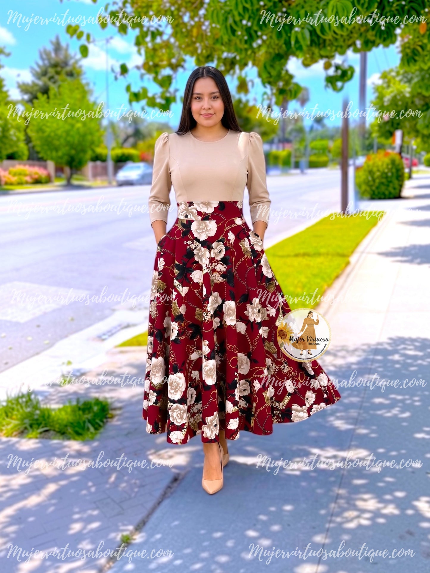 Keyla Beige & Burgundy Dress