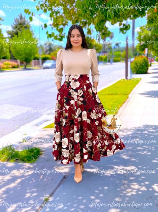Keyla Beige & Burgundy Dress