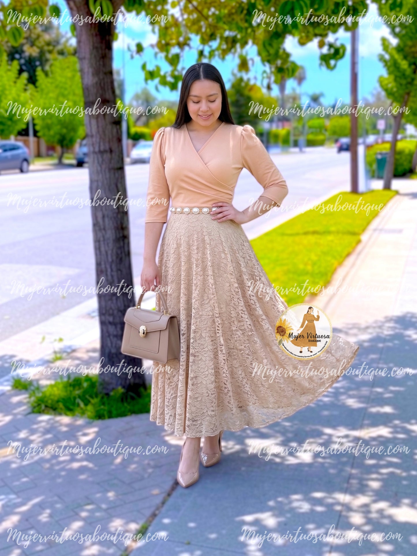 Eva Tan Crepe & Lace Dress
