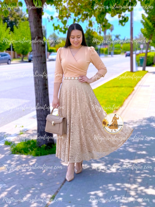 Eva Tan Crepe & Lace Dress