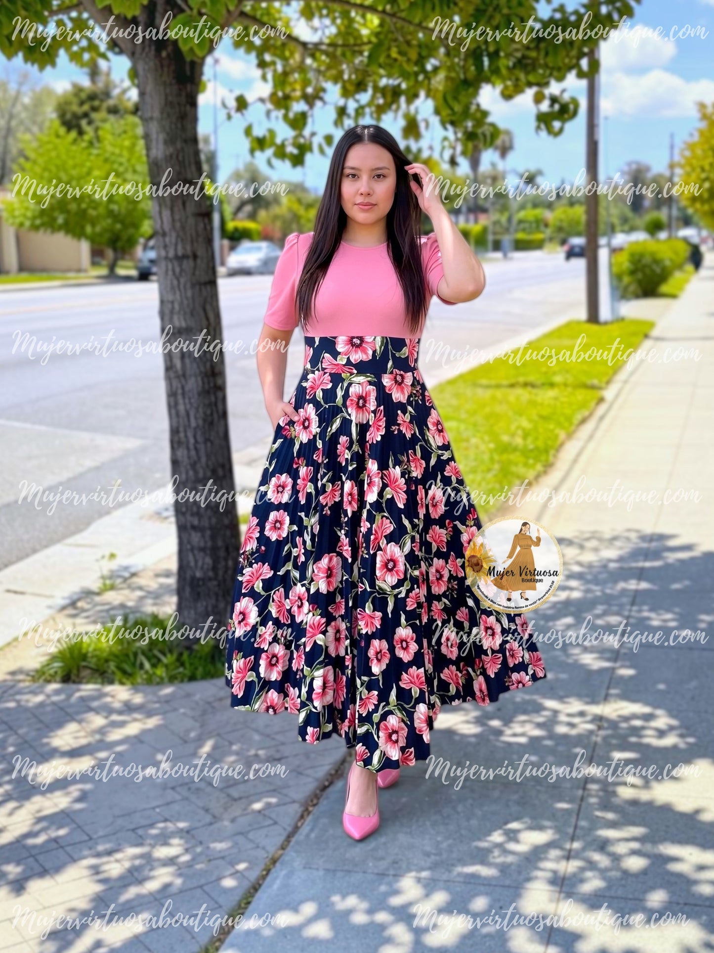 Eliana Pink & Navy Floral Dress