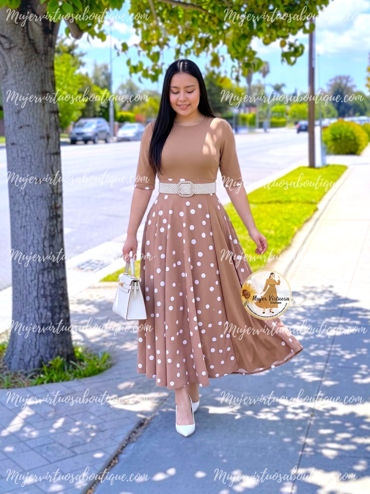 Andrea Mocha Polka Dot Dress