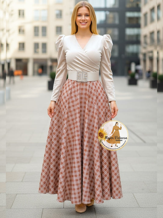 Larissa Beige/Rust Plaid Dress