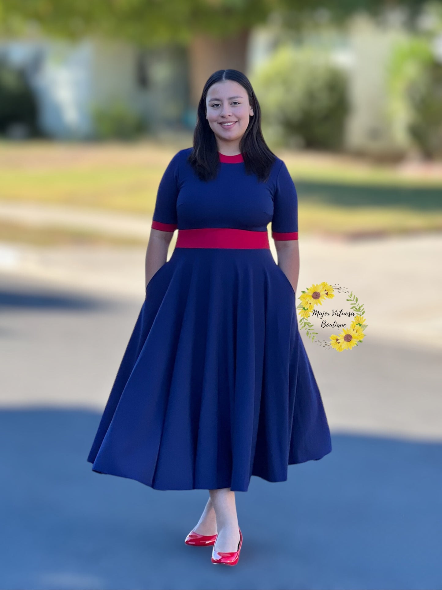 Retro Navy & Red Midi Dress