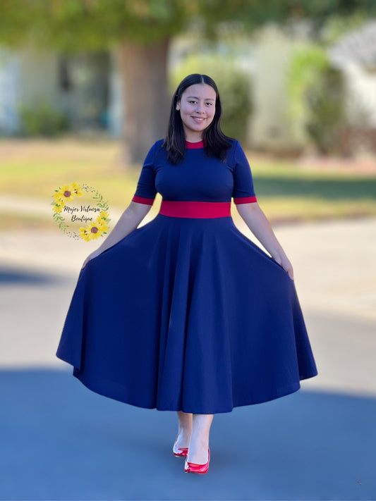 Retro Navy & Red Midi Dress