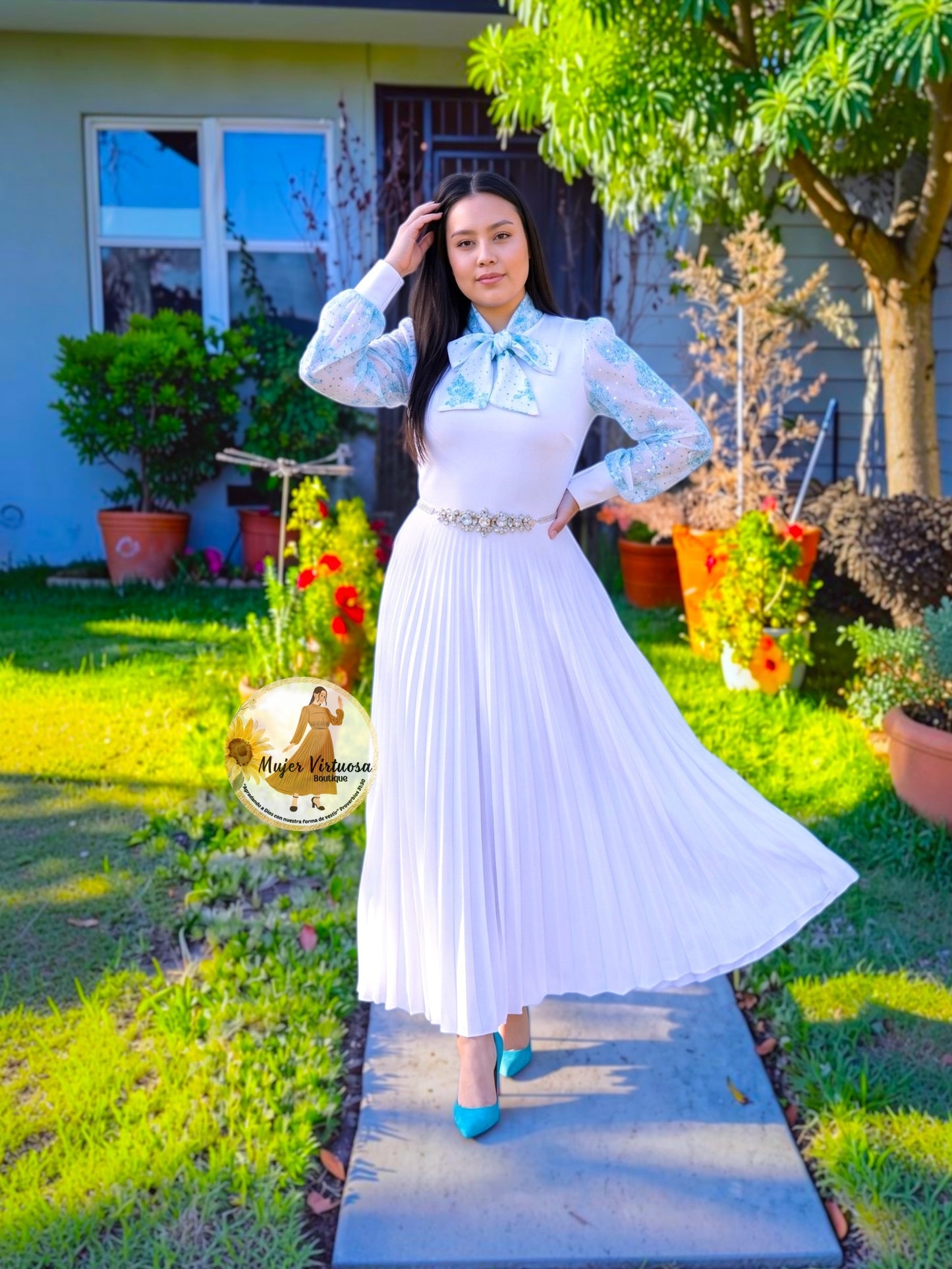 Brenda White & Aqua Dress