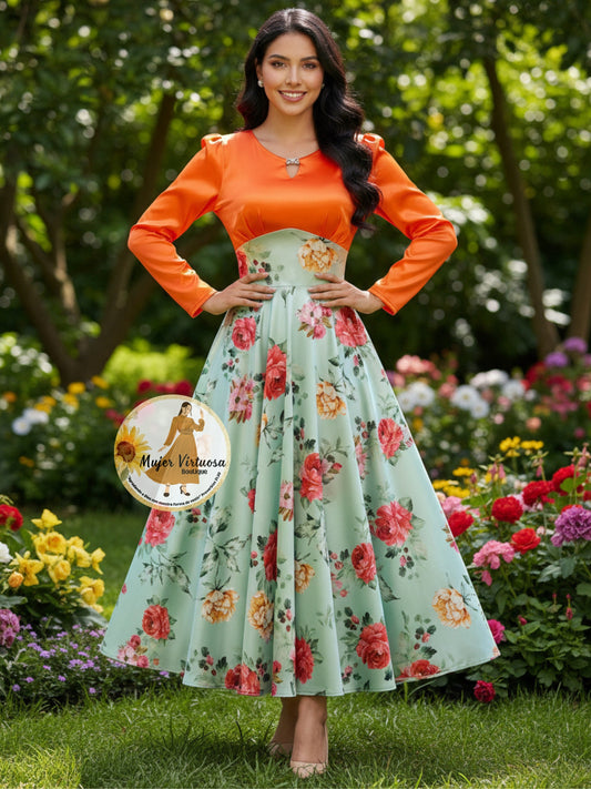Heidi Orange/Green Satin Dress